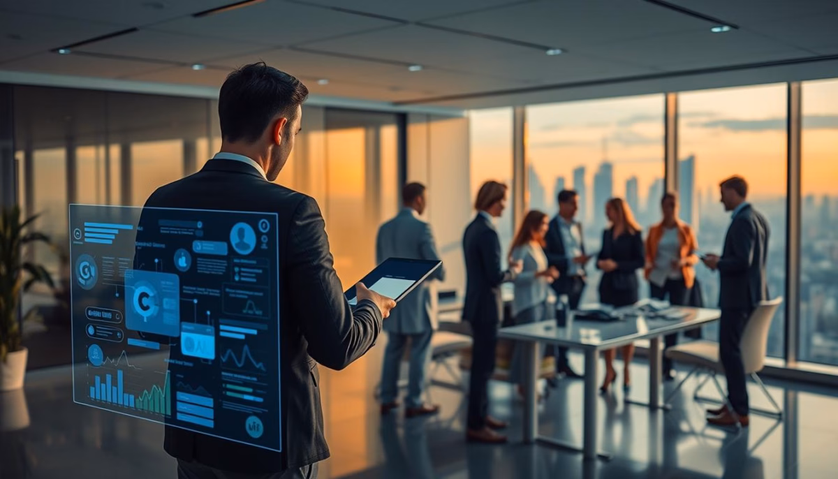 Business professional using tablet with AI analytics display, overlooking team meeting in modern office, emphasizing AI's role in enhancing sales productivity and efficiency.