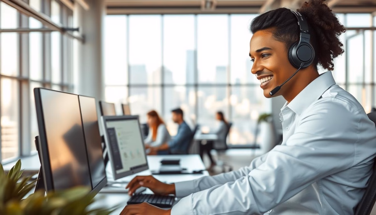 AI benefits in call centers Smiling call center agent using headset and computer in modern office, representing AI-enhanced customer service for small businesses.