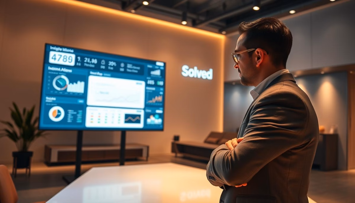 Business professional analyzing AI-driven sales dashboard in modern office setting, featuring data visualizations and "Solved" branding, emphasizing AI integration for small business sales strategies.