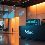 Modern office reception area of Solved, featuring a sleek desk with the brand name, digital analytics displays, and a focus on AI-driven solutions for scheduling efficiency.
