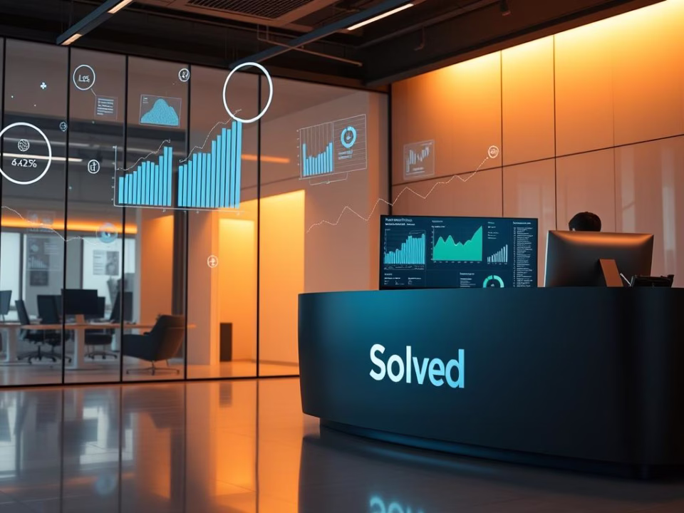 Modern office reception area with "Solved" branding, featuring digital analytics displays illustrating growth metrics and chatbot performance, emphasizing innovative sales solutions and customer engagement.