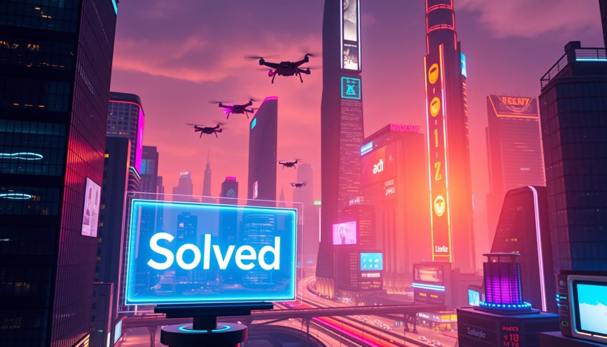 AI in Marketing Future Futuristic cityscape with drones flying above, featuring a prominent digital billboard displaying "Solved," symbolizing AI's impact on marketing strategies.