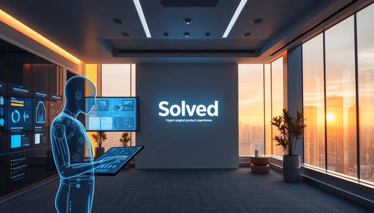 AI figure interacting with digital interface in modern office, emphasizing AI-driven customer experience solutions by Sales Solved.