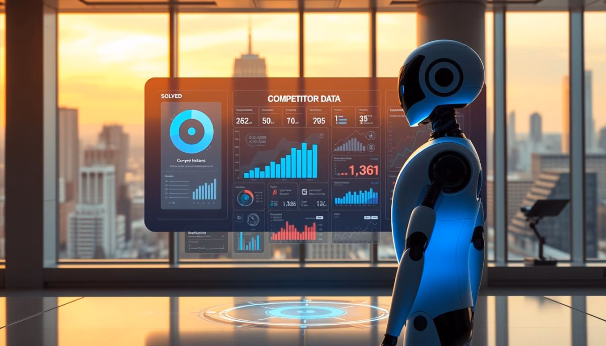 Robot analyzing competitor data with digital dashboard displaying market insights and statistics in a modern office setting.