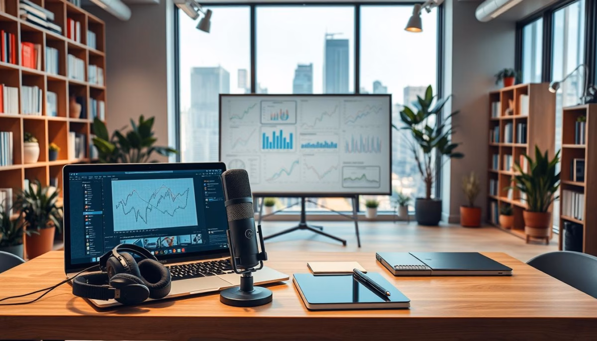 Modern workspace featuring a laptop displaying sales data, a microphone, headphones, and a large screen with graphs, emphasizing AI's role in enhancing sales productivity.