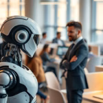 Robot sales representative interacting with a human in a modern office environment, illustrating the integration of AI in sales productivity.