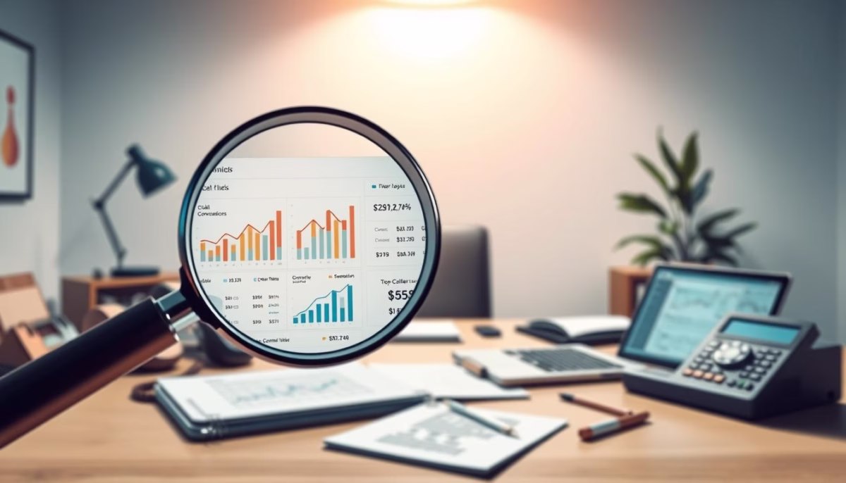 Magnifying glass focusing on sales performance charts and analytics in an office setting, illustrating AI-driven insights for optimizing sales calls and strategies.