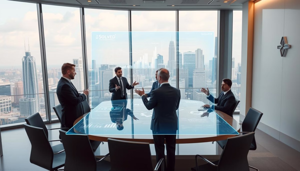 Advanced AI in Business Growth Business meeting with five professionals discussing AI-powered SMS marketing solutions, featuring digital analytics display, Solved branding, and a city skyline view.