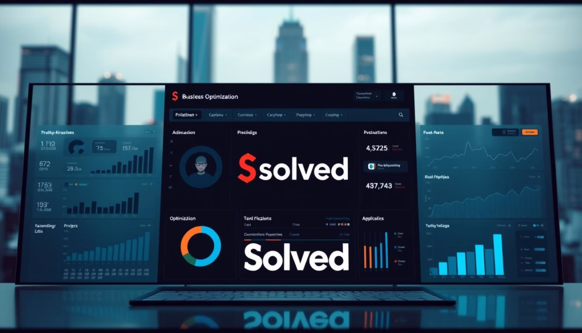 Dashboard displaying business optimization metrics with Solved branding, showcasing analytics data and performance graphs relevant to Google My Business profile enhancement.
