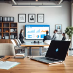 Modern office meeting with laptop in foreground, presentation screen displaying sales data and graphs, professionals discussing AI's impact on sales roles.
