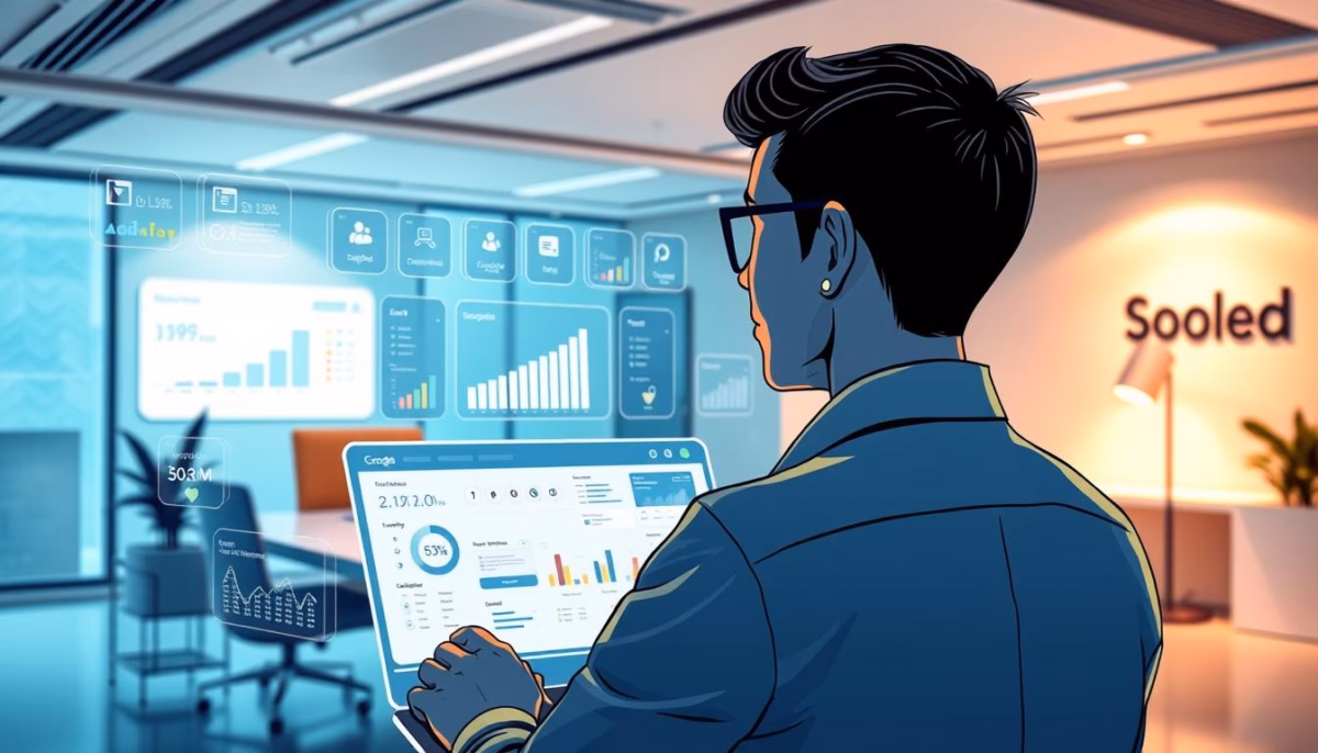 Person analyzing CRM data on a laptop with digital graphs and metrics in a modern office setting, emphasizing customer relationship management and sales insights for small businesses.