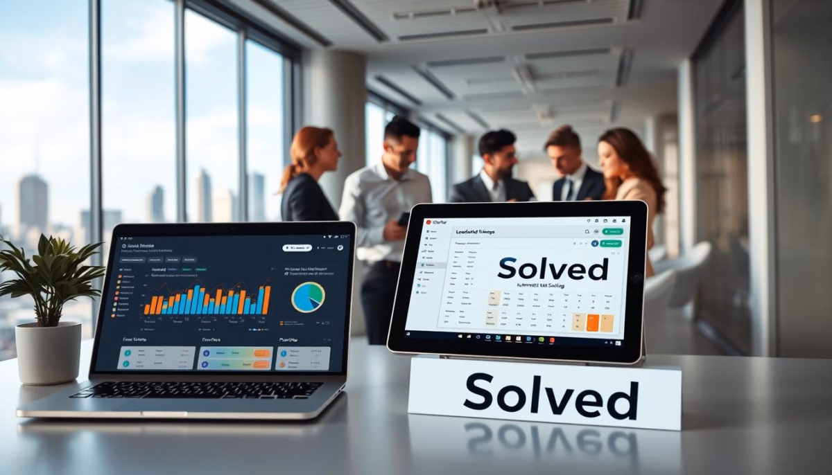 CRM integration in automated lead scoring tools Laptop displaying sales data and analytics alongside tablet showing CRM interface with "Solved" branding, set in modern office environment with team discussing sales strategies, emphasizing AI in lead qualification and sales automation.