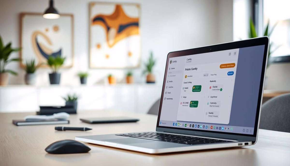Laptop displaying Calendly interface for AI-driven scheduling solutions in a modern workspace.
