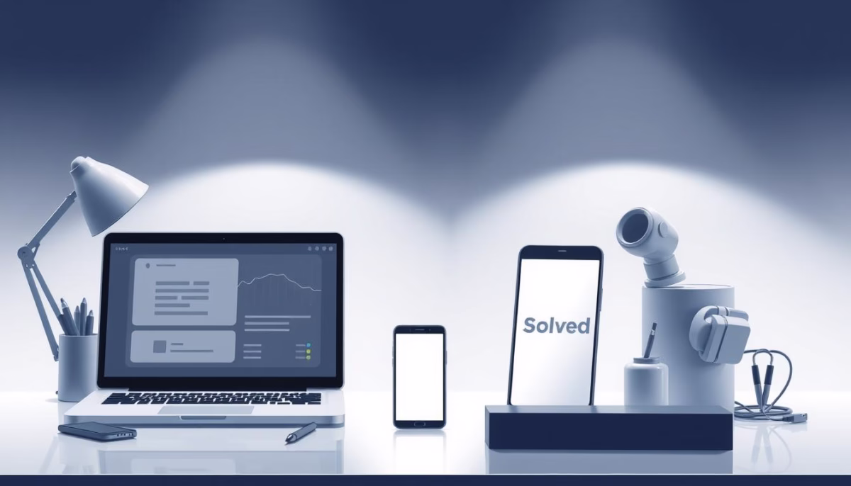 Laptop and smartphone displaying data analysis tools, with "Solved" branding, on a desk setup highlighting AI-driven competitive analysis for small businesses.