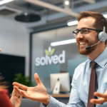 Customer service representative engaging in conversation with a client, showcasing effective communication and support in a sales environment, with "solved" branding visible in the background.