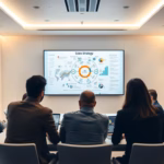 Business team analyzing AI-driven competitive research data in a modern conference room, with a presentation screen displaying market trends and analytics.