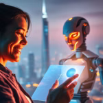 Woman interacting with a robot while analyzing digital data, symbolizing the integration of AI in enhancing customer experience and lead generation strategies for small businesses.