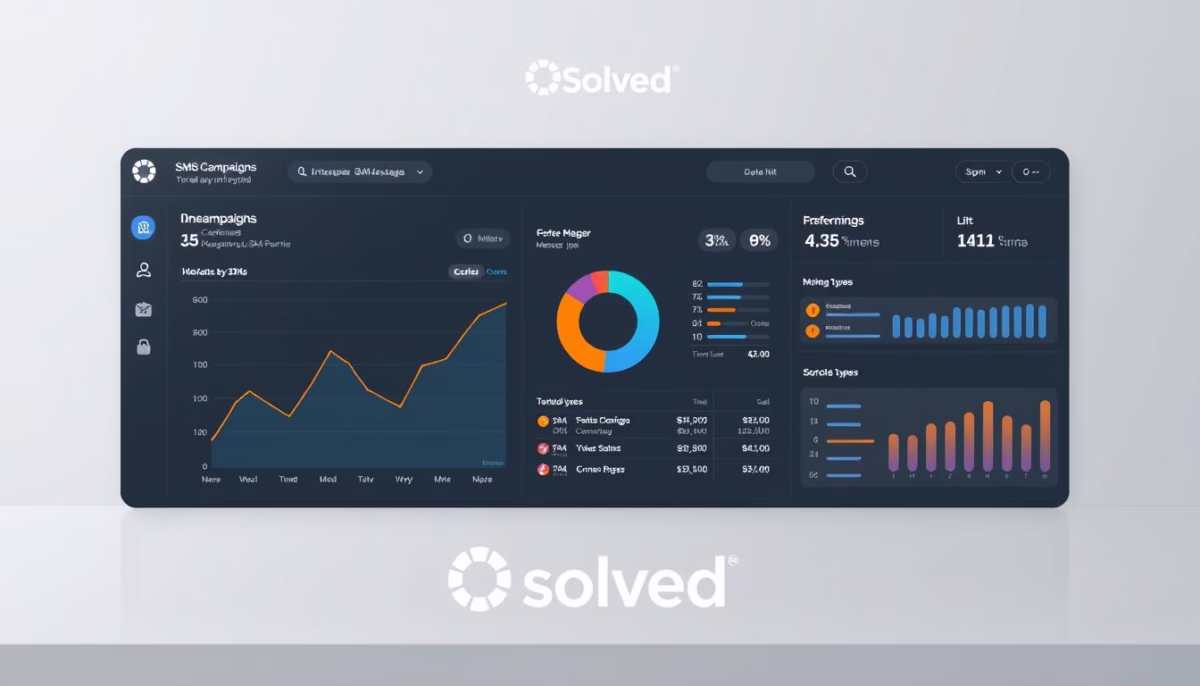 Data-Driven SMS Marketing Dashboard interface displaying AI-driven SMS marketing analytics, featuring performance metrics, campaign statistics, and visual data representations, branded with Solved logo.