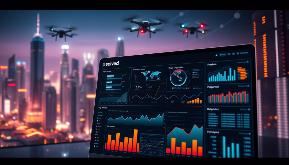 Laptop displaying data visualization and analytics dashboard with city skyline and drones, representing AI tools for competitive analysis in business growth by Solved.