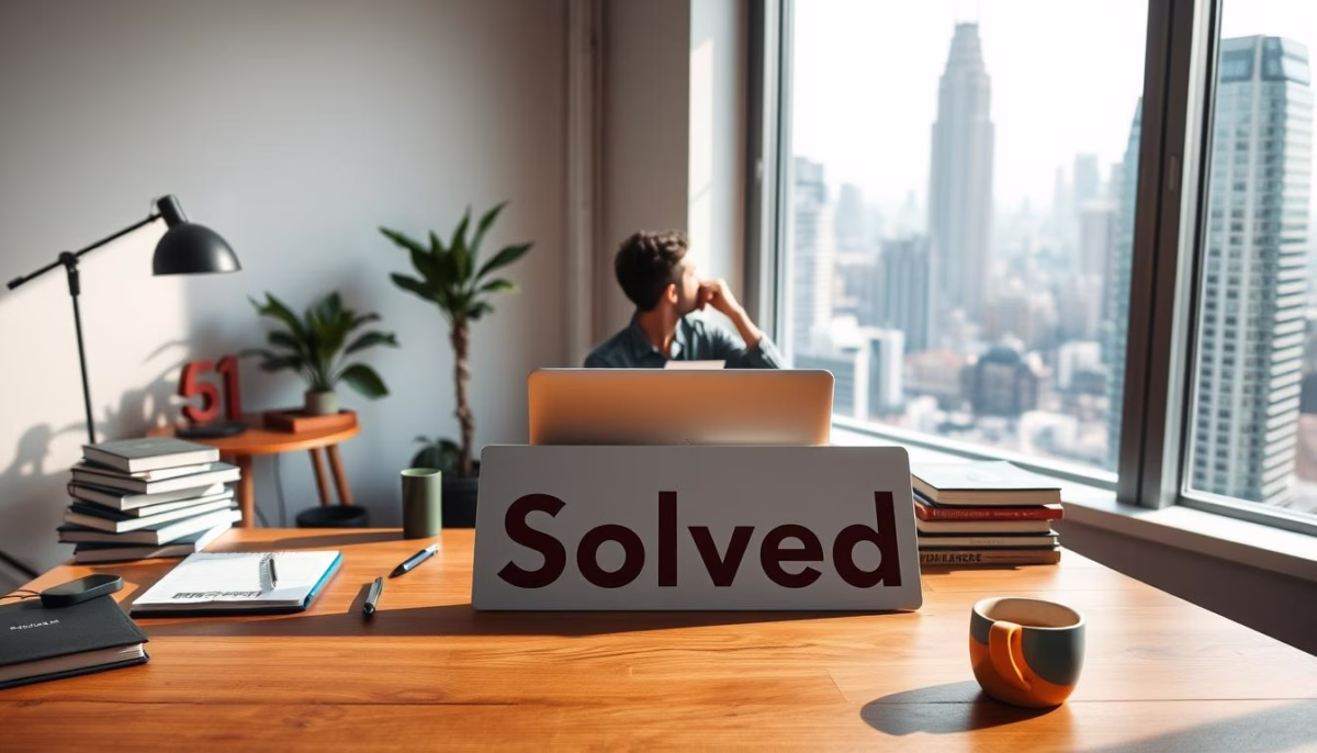 Entrepreneurial transition insights Person sitting at a desk with a "Solved" sign, looking out at a city skyline, surrounded by books and stationery, emphasizing personal branding and entrepreneurship.