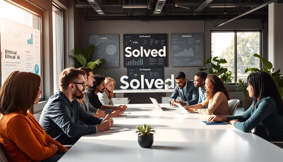 Ethical AI Marketing Business meeting with diverse team discussing AI marketing strategies, featuring "Solved" branding and data visualizations on walls.