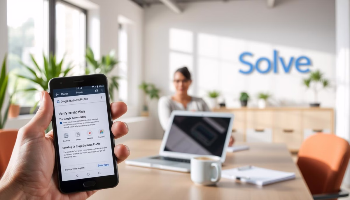 Person holding smartphone displaying Google Business Profile verification screen, with "Solve" branding in the background, illustrating Google My Business optimization strategies.