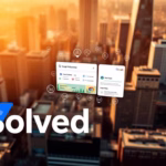 AI-powered sales call optimization tools from Solved, featuring urban skyline background and interface elements.