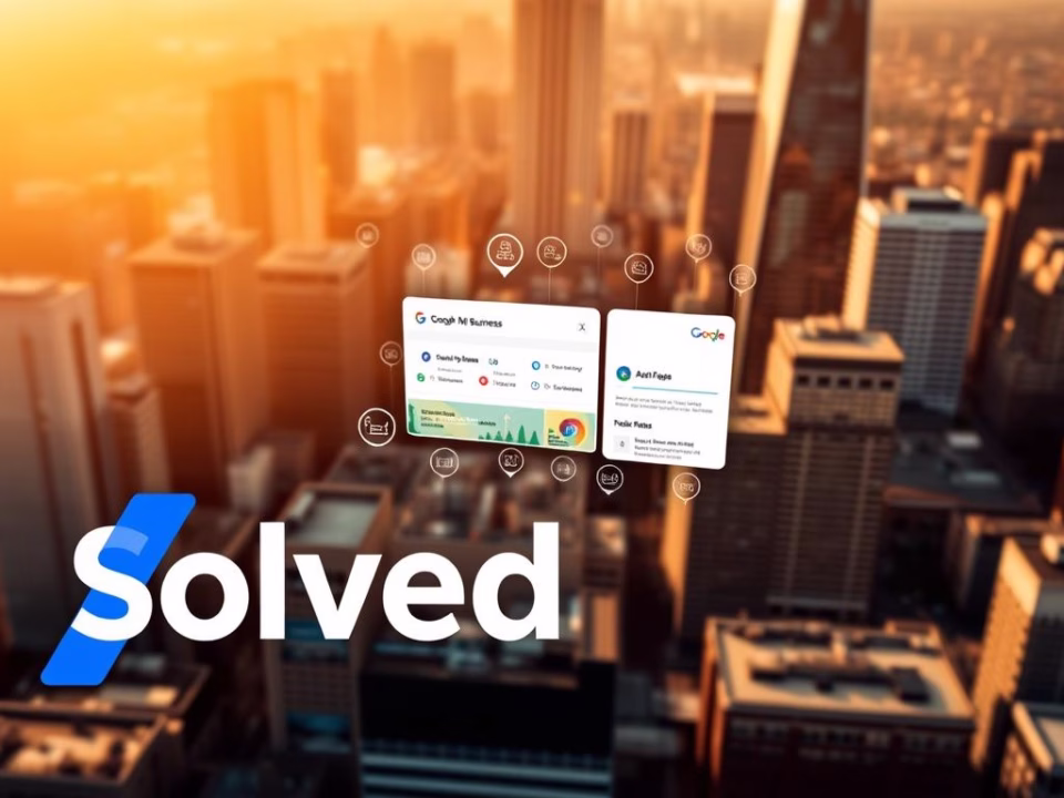 Solved logo with Google My Business interface overlay and city skyline, representing chatbot solutions for enhancing sales and customer engagement.