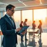 Business professional using tablet in modern office, discussing AI's role in sales productivity and collaboration with human representatives.