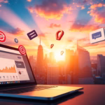 Laptop displaying analytics chart with digital marketing icons against a sunset skyline, representing AI-driven video ad strategies and engagement in digital marketing.