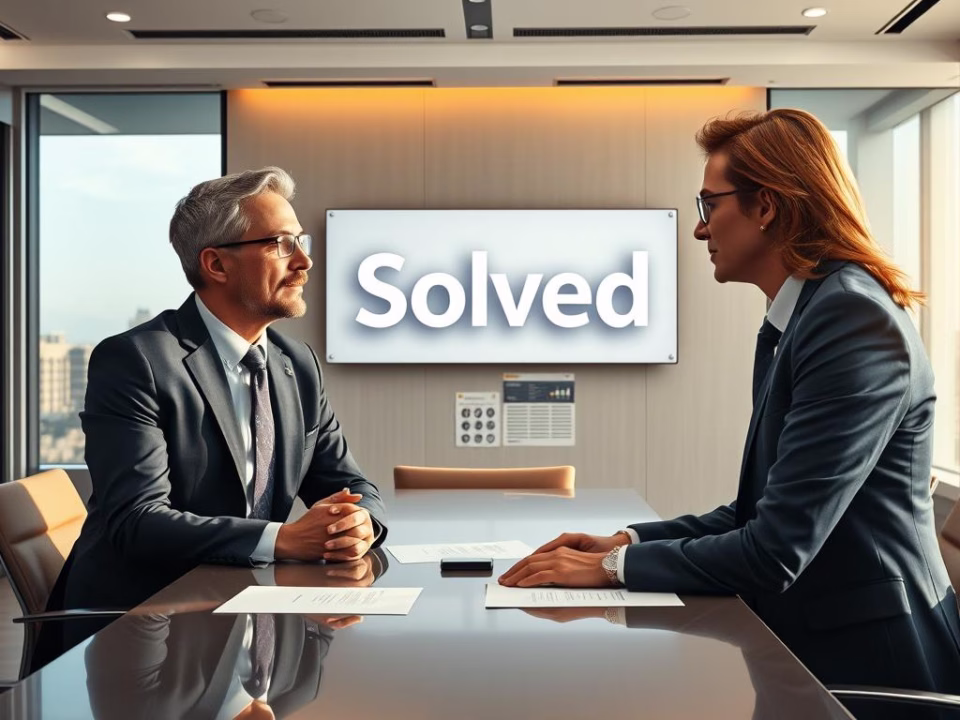 Business meeting between two professionals discussing chatbot solutions at Solved office, with "Solved" logo in background, emphasizing sales and lead qualification.