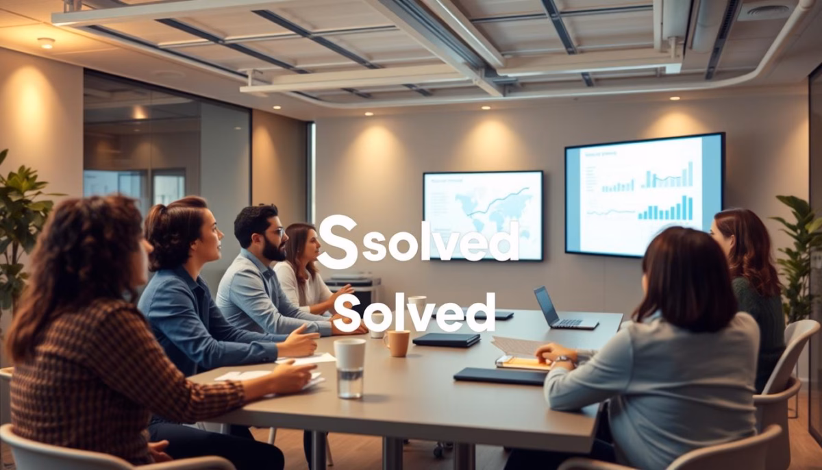 Group of professionals in a modern meeting room discussing lead generation strategies, with 'Solved' branding and data charts displayed on screens.