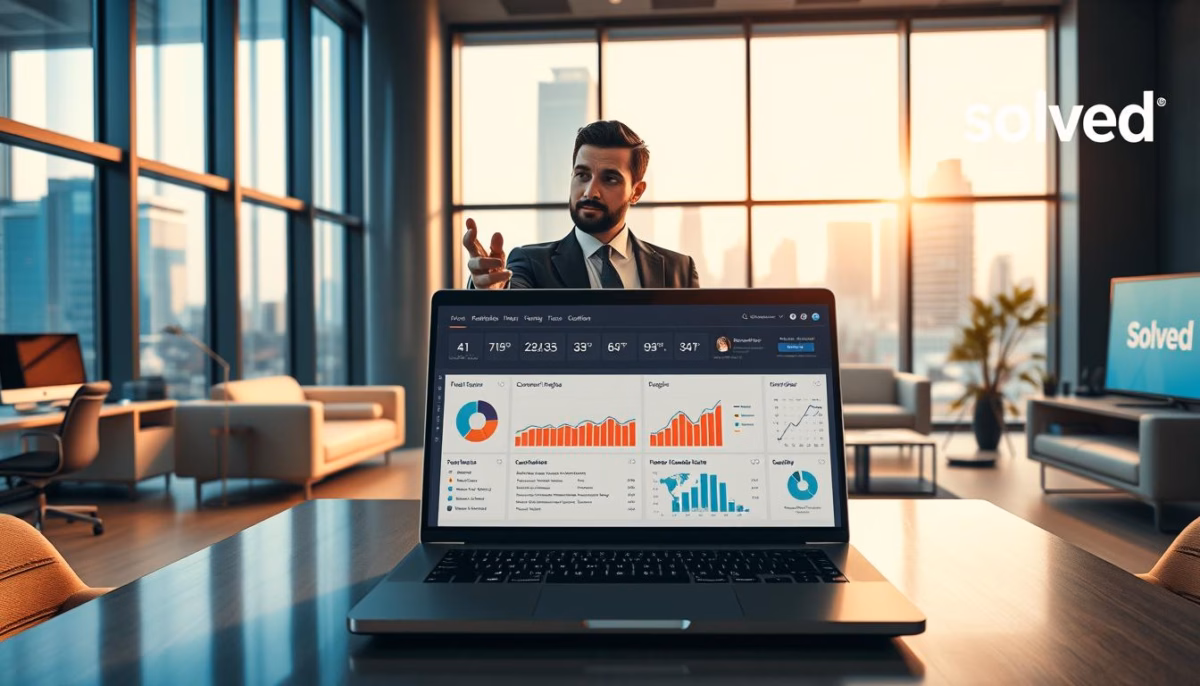 Business professional presenting AI analytics dashboard on laptop, showcasing sales data and conversion metrics in modern office setting, emphasizing the role of AI in improving sales efficiency.