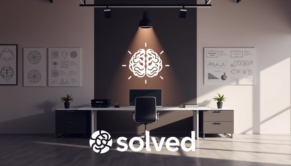 Modern office setting with illuminated brain graphic on wall, featuring "solved" logo, emphasizing buyer psychology and sales strategies for small businesses.