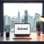Laptop displaying "Solved" logo with city skyline view, symbolizing AI-driven marketing solutions for small businesses.