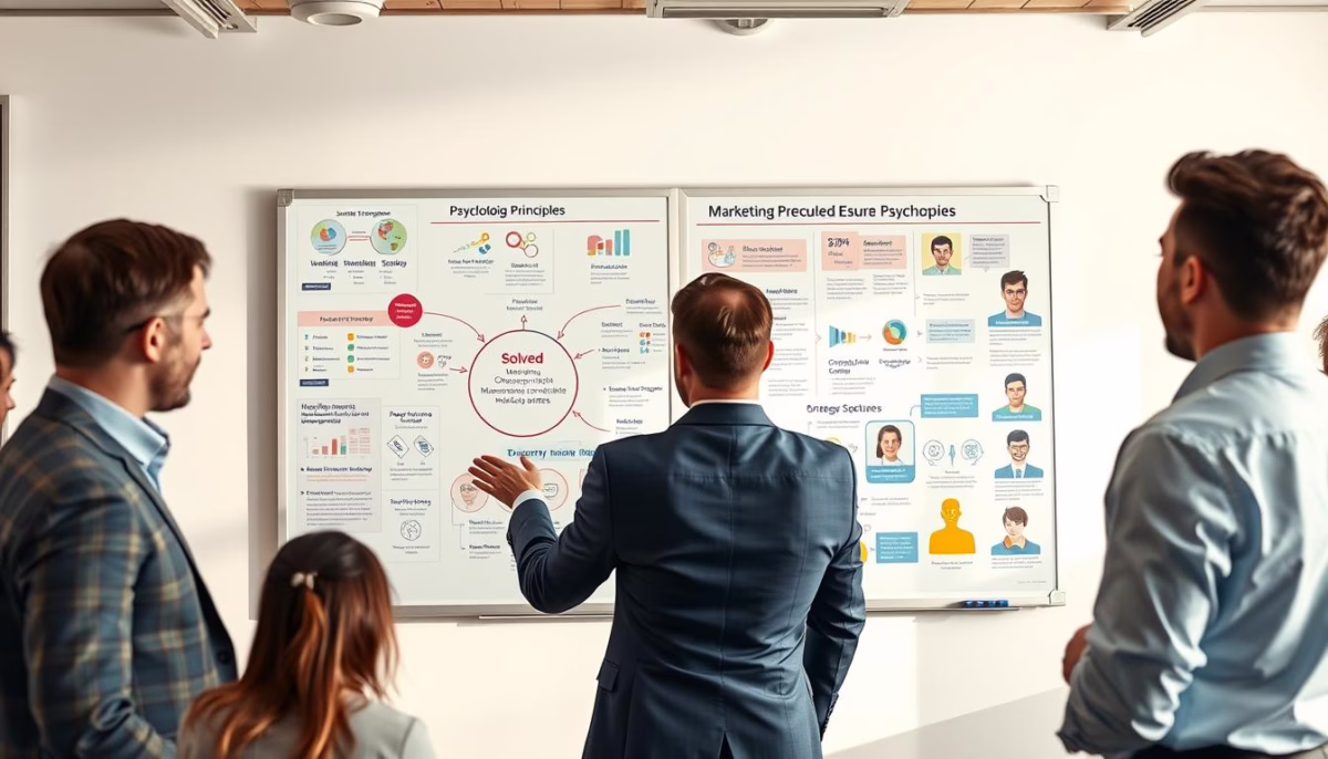 Group of professionals discussing sales psychology strategies in front of presentation boards detailing marketing principles and buyer behavior insights, emphasizing Solved's approach to enhancing sales techniques.