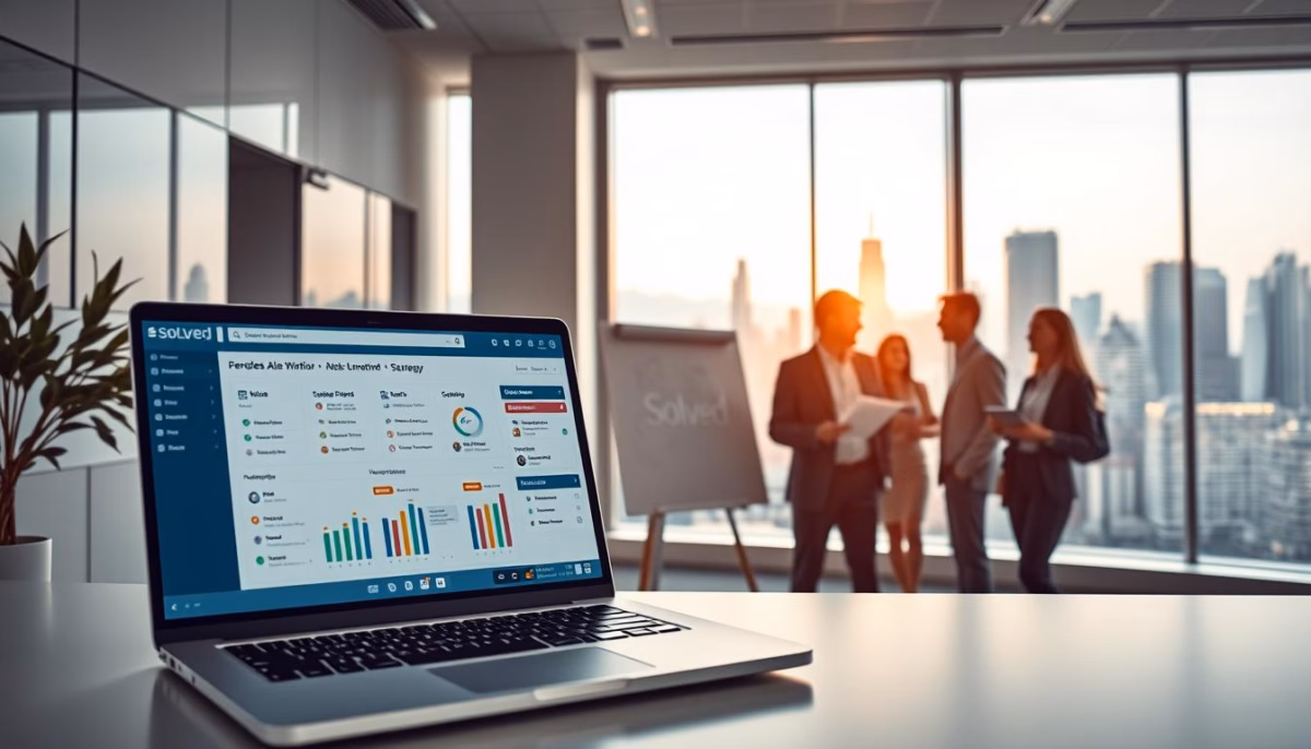 Laptop displaying sales workflow automation dashboard with graphs and metrics, foregrounded against professionals collaborating in a modern office setting during sunset.