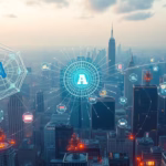 City skyline with digital marketing symbols and AI graphics, representing the future of AI in marketing and mobile optimization strategies.