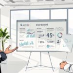 Business professionals discussing AI-powered SMS marketing strategies with data charts and analytics displayed on a presentation board.