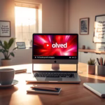 Laptop displaying Solved logo in a well-lit office setting, emphasizing AI-powered SMS marketing solutions and customer engagement strategies.