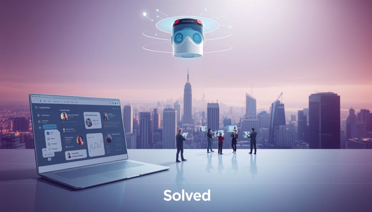 Laptop displaying AI communication tools with a futuristic robot hovering above a city skyline, representing Solved's focus on AI-driven sales and customer relationship management.