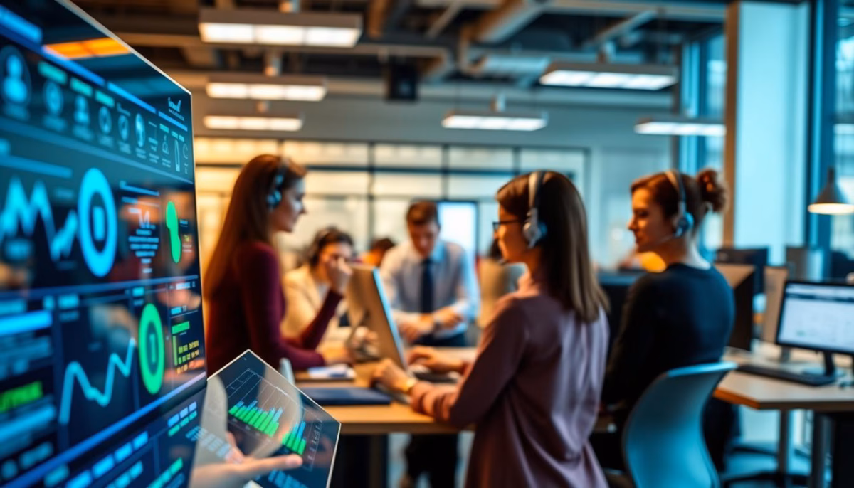 Team of customer service representatives using AI tools and data analytics in a modern office setting to enhance customer experience and improve sales strategies.