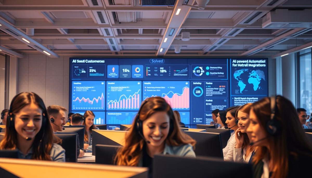 call center challenges Call center environment with agents wearing headsets, engaging with customers, and displaying AI-driven analytics on large screens, emphasizing enhanced customer service and operational efficiency for small businesses.
