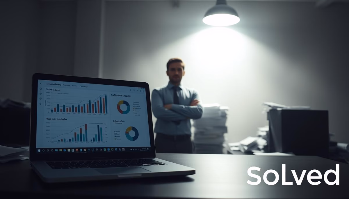 challenges in lead scoring Laptop displaying lead scoring graphs and charts with a professional man standing in the background, emphasizing AI-driven sales optimization by SalesSolved.
