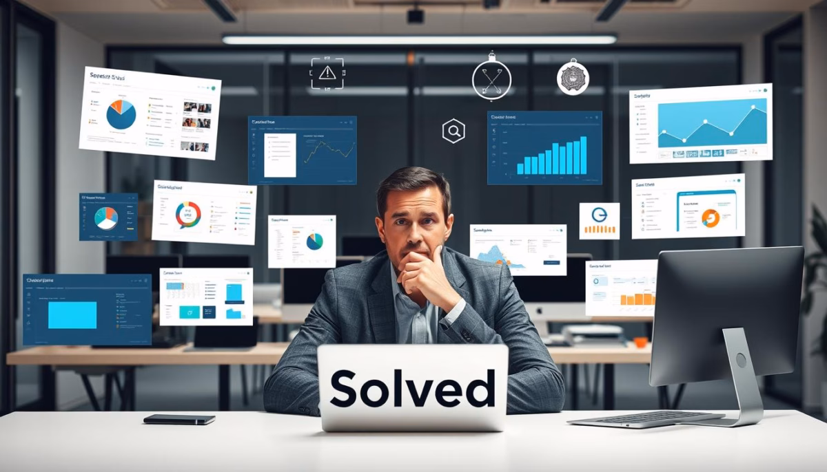 Business professional contemplating sales automation solutions, with various data analytics and dashboard visuals surrounding him, emphasizing efficiency and productivity in sales processes.
