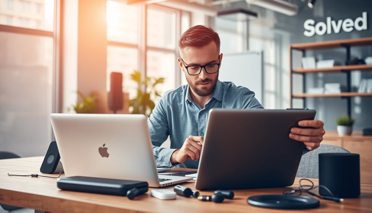 Man working on laptop and tablet in modern office setting with "Solved" branding, emphasizing AI-driven solutions for sales and customer relationship management.