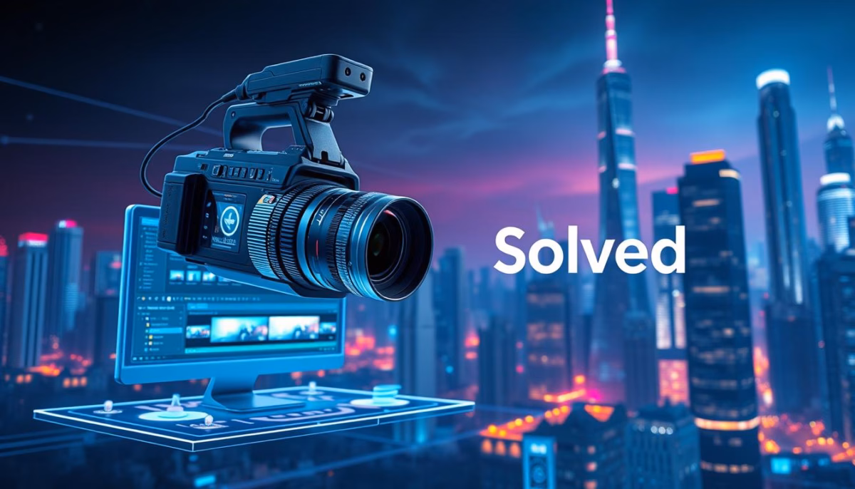 AI camera and editing software with city skyline background, branding "Solved," illustrating AI-generated video ads in digital marketing.