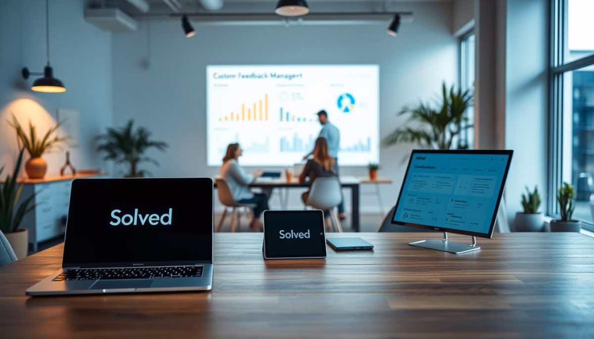 Laptop and tablet displaying "Solved" logo, with a meeting in the background discussing customer feedback management, highlighting CRM benefits for small businesses.
