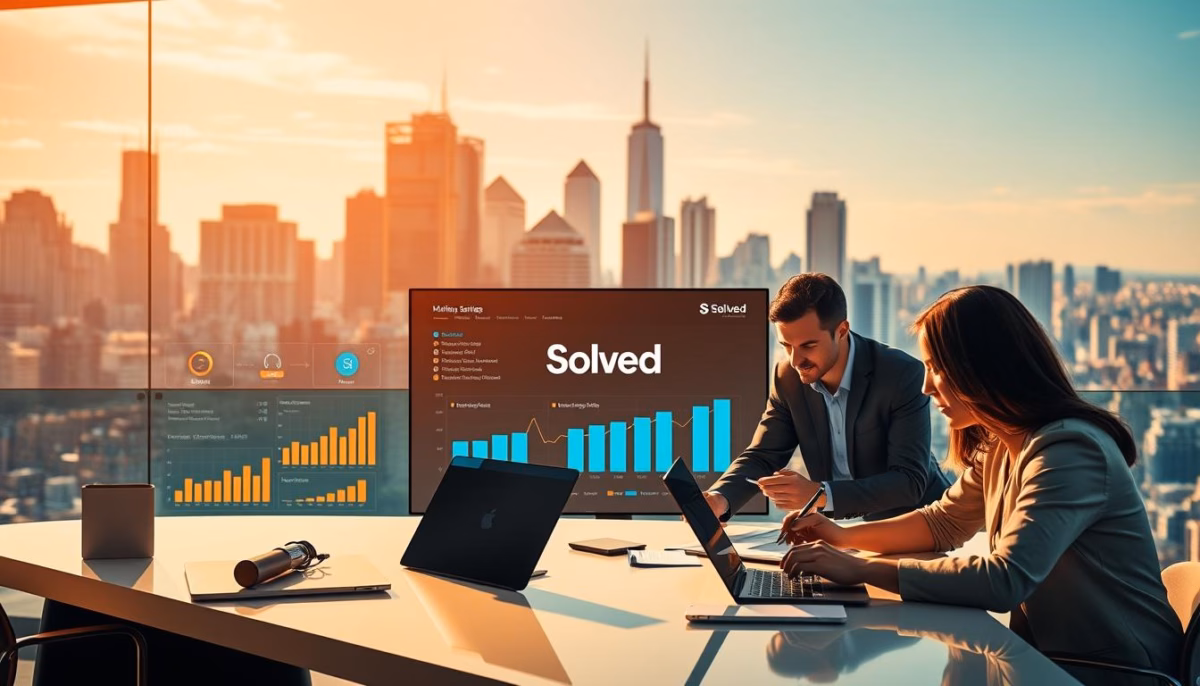 Business professionals collaborating at a modern office table, analyzing sales data on digital screens, with a city skyline in the background, emphasizing sales workflow automation and productivity.