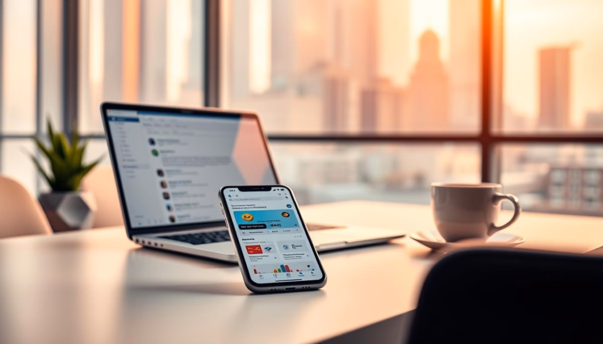 Smartphone displaying digital marketing analytics alongside a laptop and coffee cup in a modern office setting, emphasizing online lead generation strategies for small businesses.